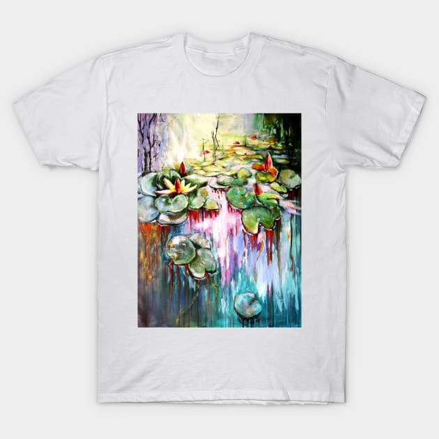 Water mirror and water lilies with gold II T-Shirt by kovacsannabrigi